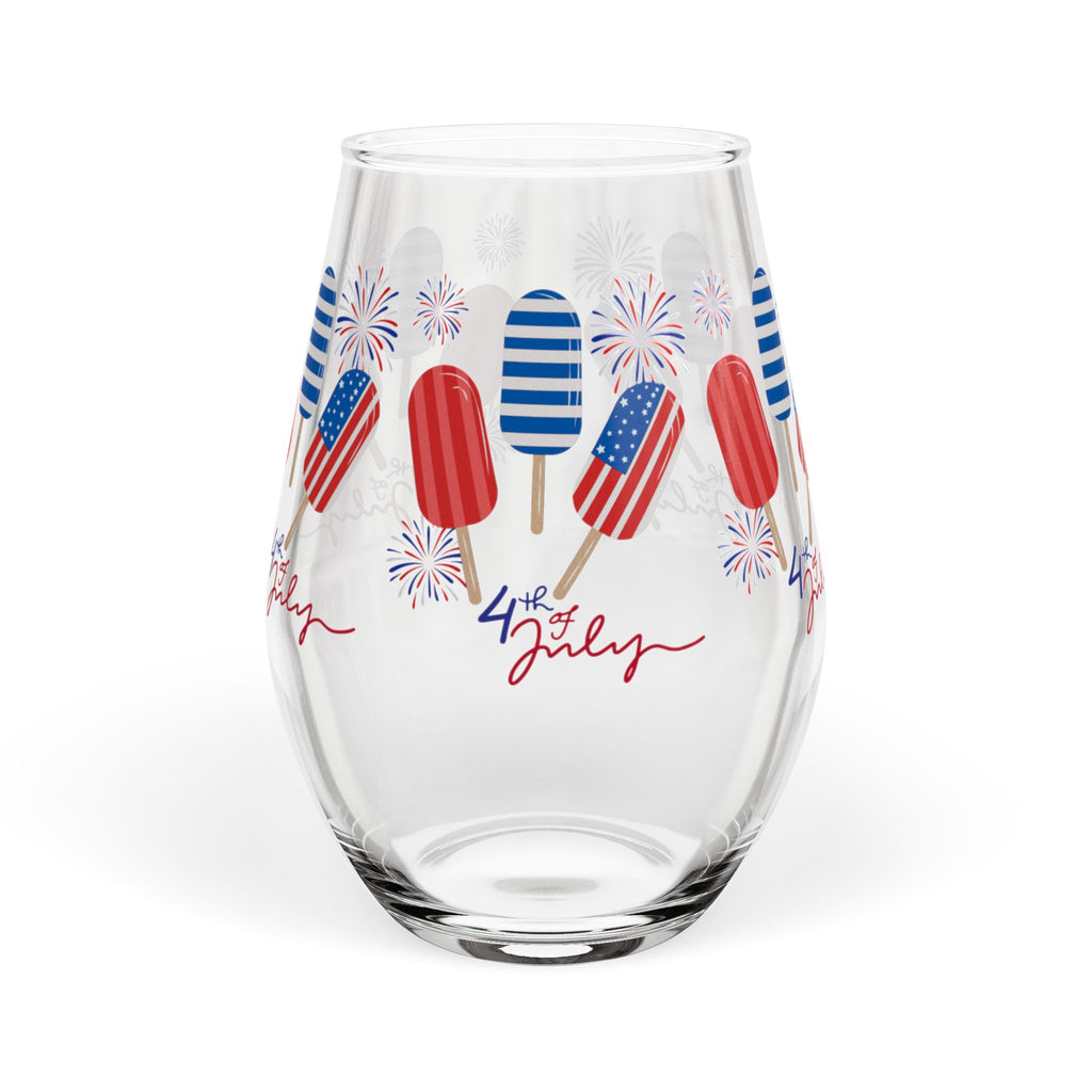 4th of July Stemless Wine Glass — Patriotic Popsicle Fireworks Design (11.75 oz)
