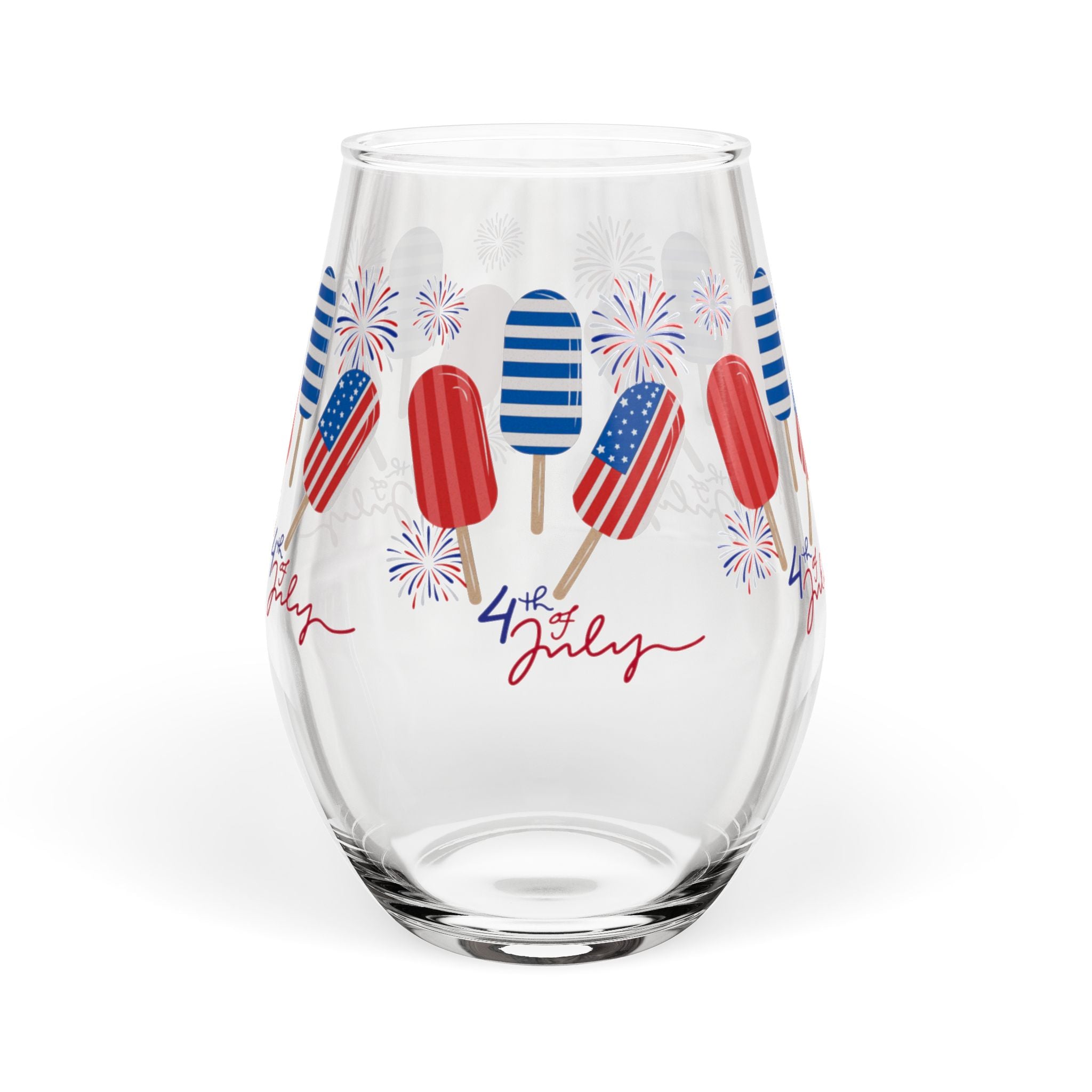4th of July Stemless Wine Glass — Patriotic Popsicle Fireworks Design (11.75 oz)